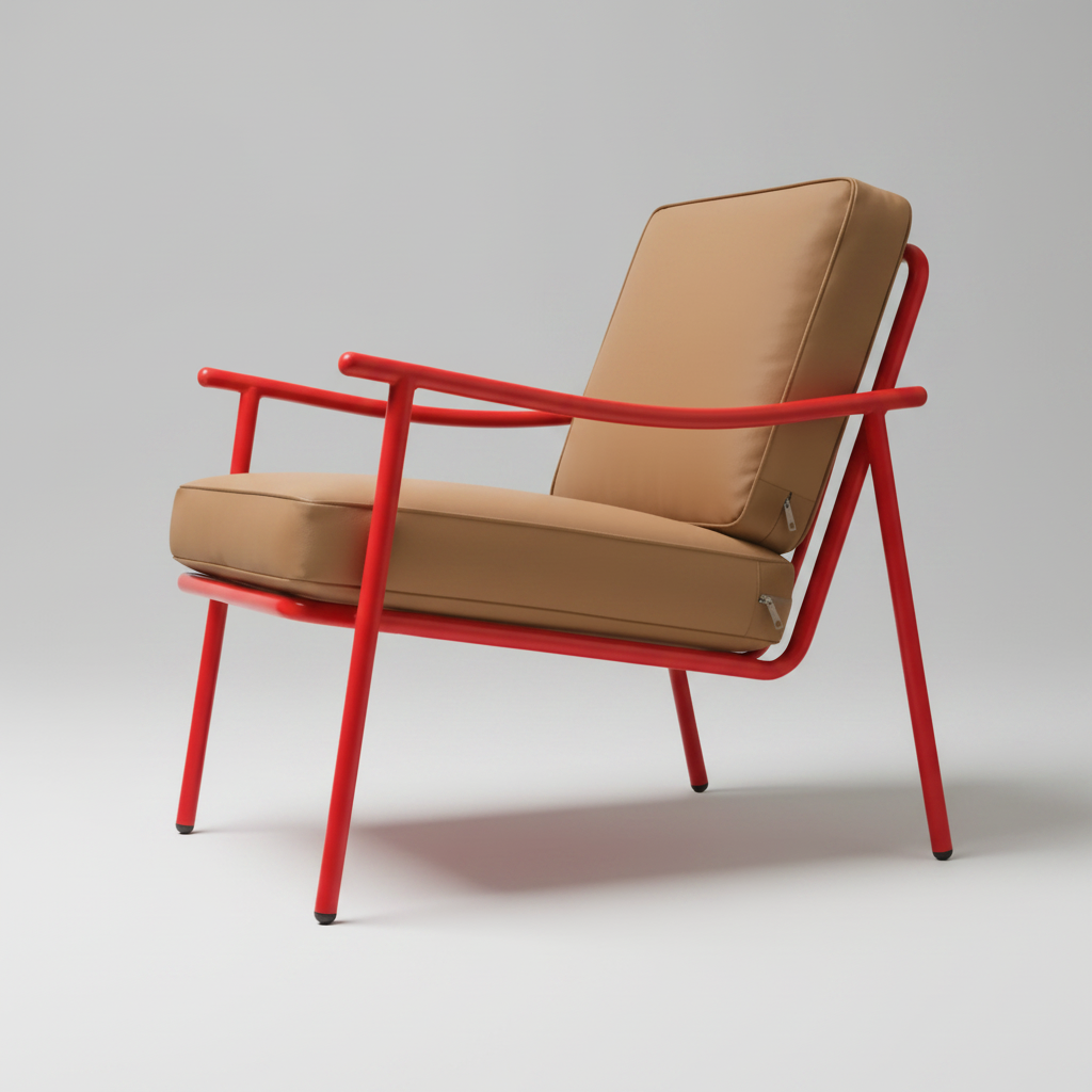 Poltrona Skii de Tucurinca con estructura roja y tapizado cuerina caramelo