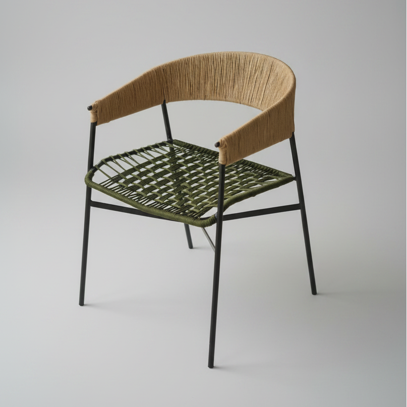 Silla Maye II de Tucurinca con estructura negra, tejido en cabuya verde militar y cordón cienaguero