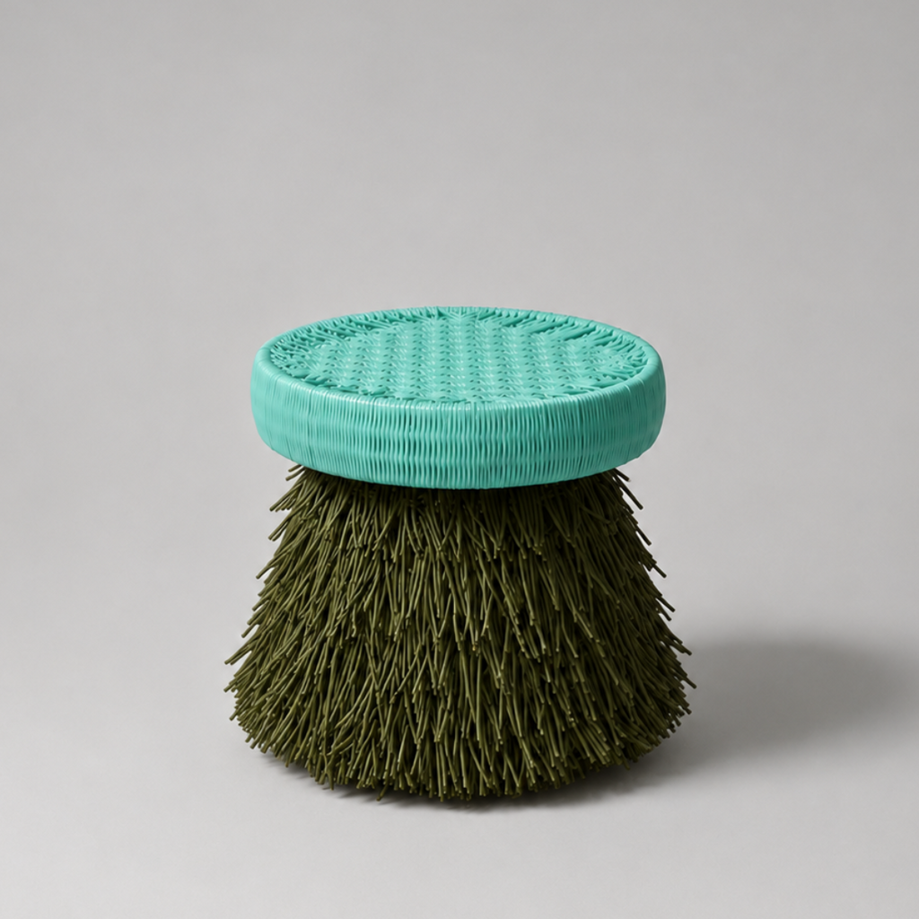 Butaco Piñata de Tucurinca con estructura verde militar y tejido en turquesa y verde militar